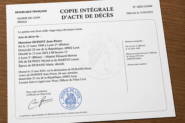 Copie intégrale d'un acte de décès français délivré par une mairie